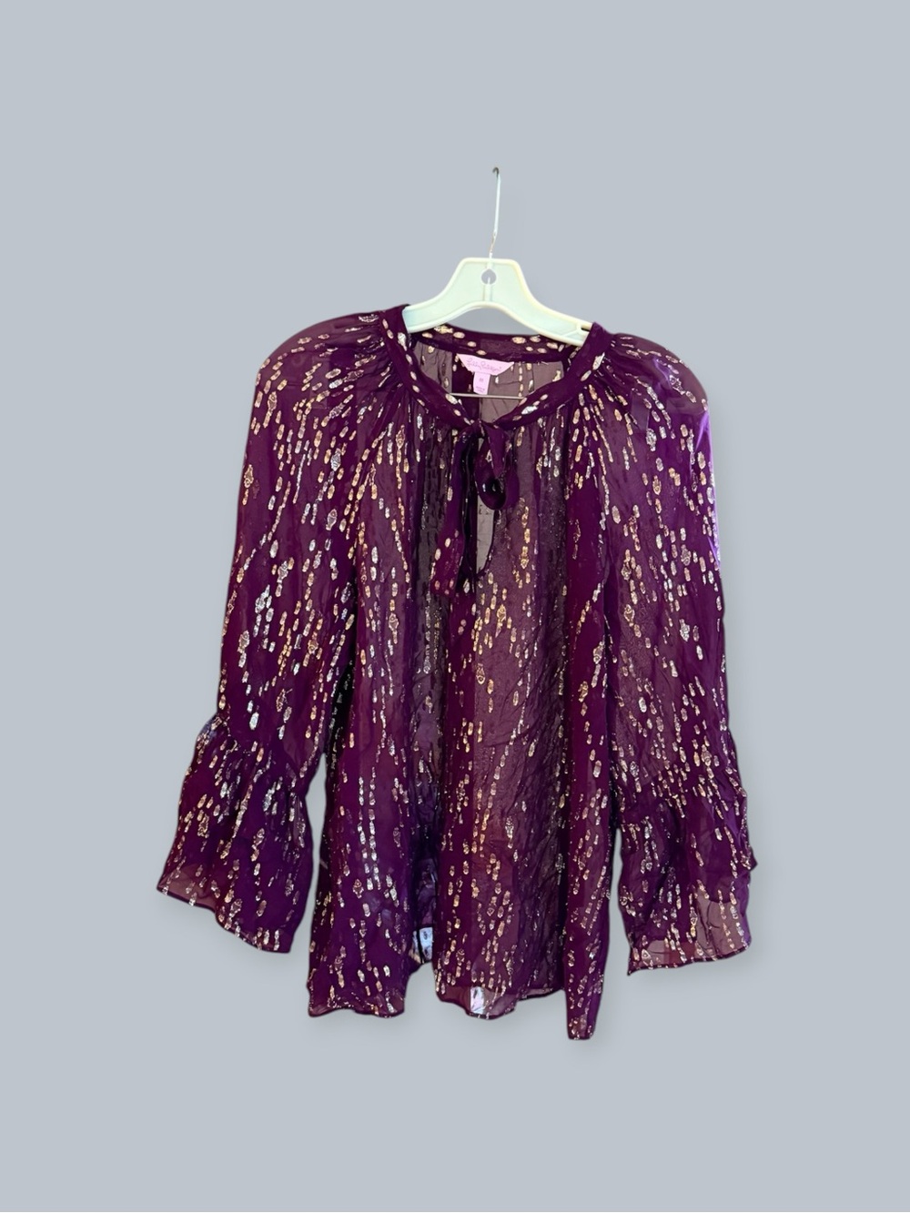 Lilly Pulitzer Plum Metallic Print Tie-Neck Blouse